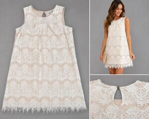 Speechless XS Cream Lace Sleeveless Mini Dress Fringe Hem Keyhole Back